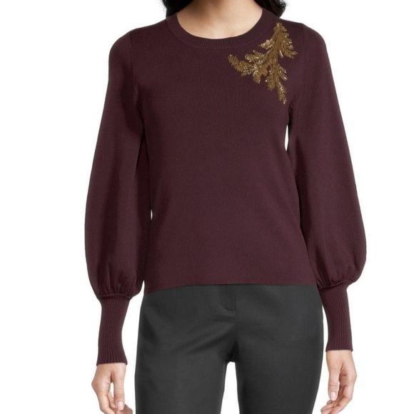 WORTHINGTON Burgundy Crew Neck Long Balloon Sleeve Sweater